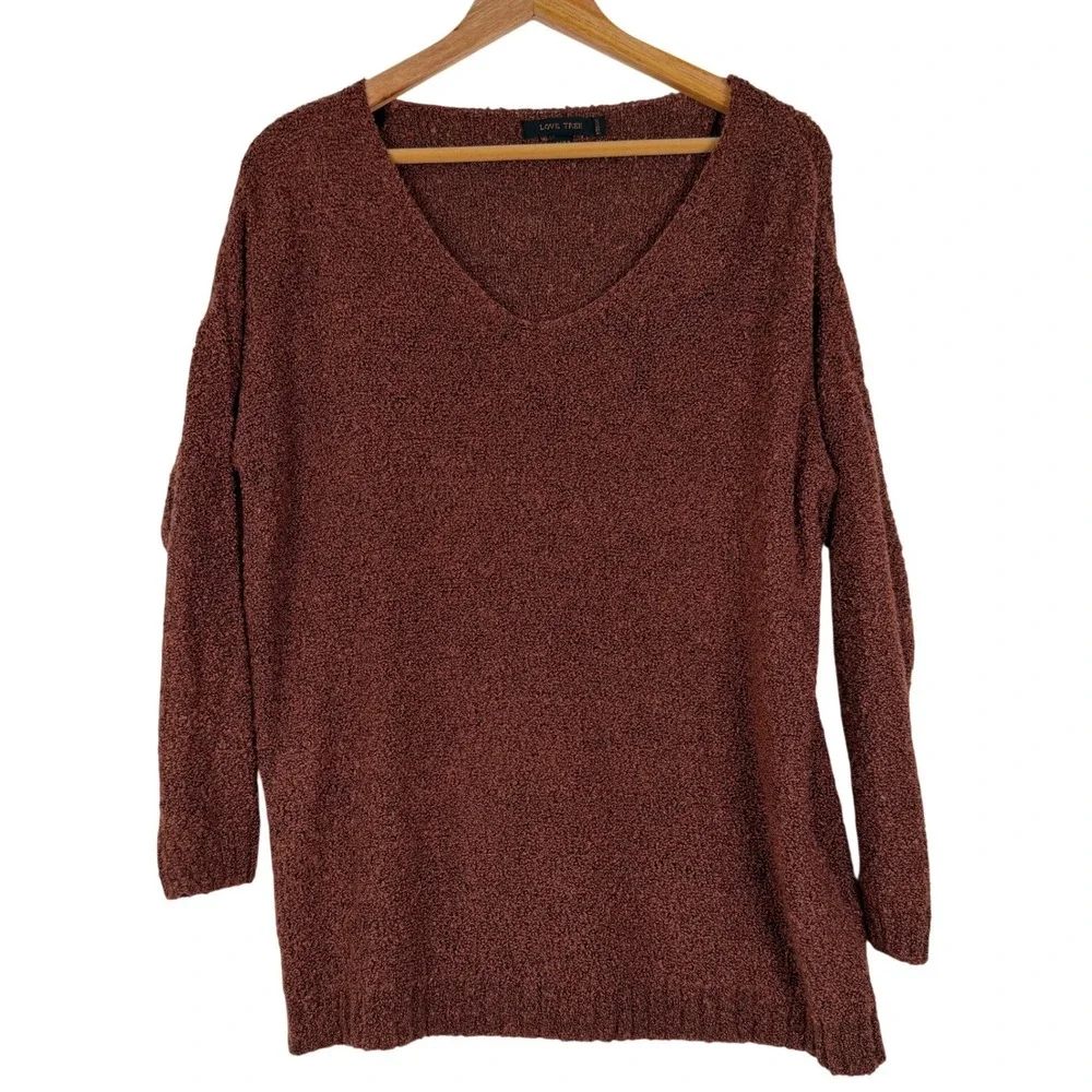 Love Tree‎ Womens Rust Brown Boucle Knit V-Neck Oversized Sweater Medium 9338WE